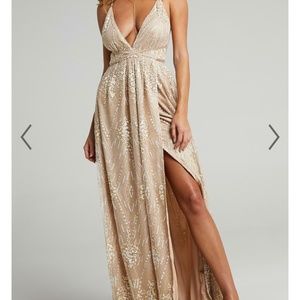 Showpo NEW YORK NIGHTS PLUNGE CROSS BACK MAXI DRESS IN GOLD